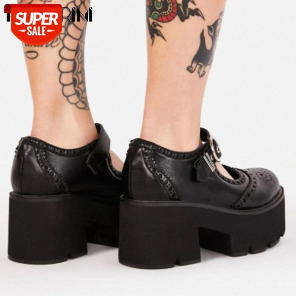

ribetrini brand new female gothic marry janes buckle platform shoes solid black punk chunky women pumps high heels pumps #1i5v