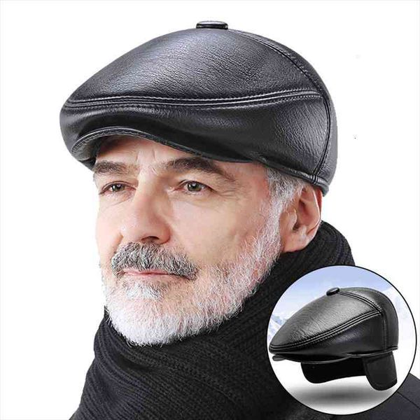

leather newsboy cap men visor cap winter autumn warm hat for men fleece middle-aged and elderly hats with earflaps dad, Blue;gray
