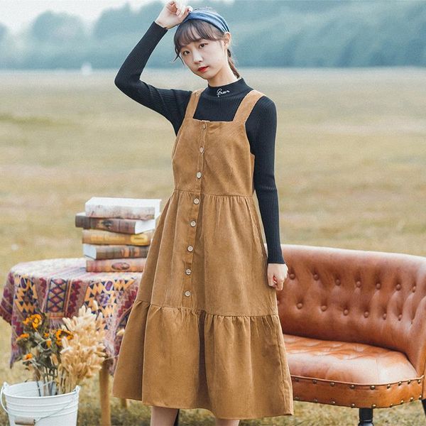 

japanese spring autumn women long pleated dresses sundress suspenders khaki corduroy female vestidos casual loose ruffles kawaii dresses, Black;gray