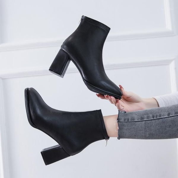 

boots winter woman solid color short booties nice ladies zipper anutum shoes women fashion square high heels ankle boots1, Black
