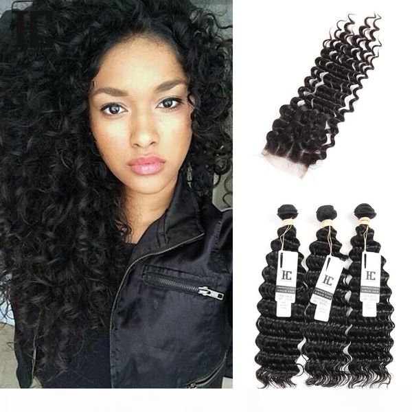 

7a бразильская глубокая волна завитые 3 связки с closure свободный ближний 3 часть double уток человеческих волос dyeable человека плетение, Black