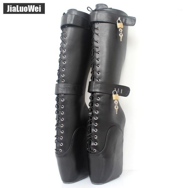 

jialuowei 18cm extreme high heel fetish wedges lace-up buckle heelless ballet boots lockable knee-high boots1, Black