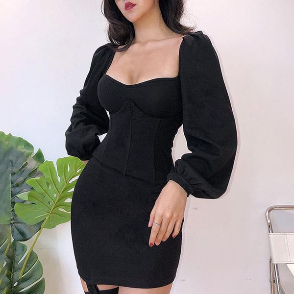 

early autumn new european and american fishbone waist-controlled slimming long sleeve sheath dress, Black;gray