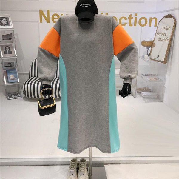 

niche design 3patchwork hit color pullover velvet mid-calf dresses women's autumn / winter 2020 sweatshirt dress fashion new, Black;gray