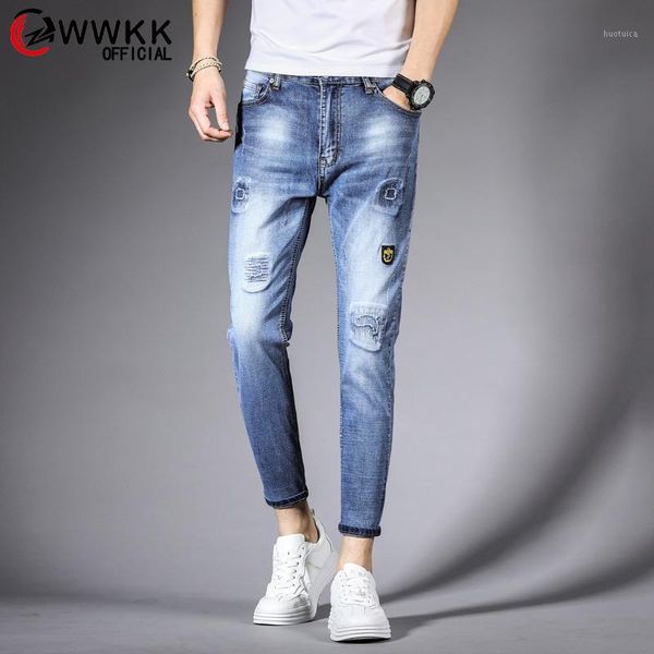 

wwkk 2020 spring new jeans men light wash straight regular slim fit denim trousers plus size brand clothing ankle-length pants1, Blue