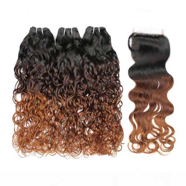 

malaysian wet and wavy #1b 4 30 medium auburn ombre weaves human hair 3bundles with 3tone ombre water wave lace front closure 4x4, Black;brown