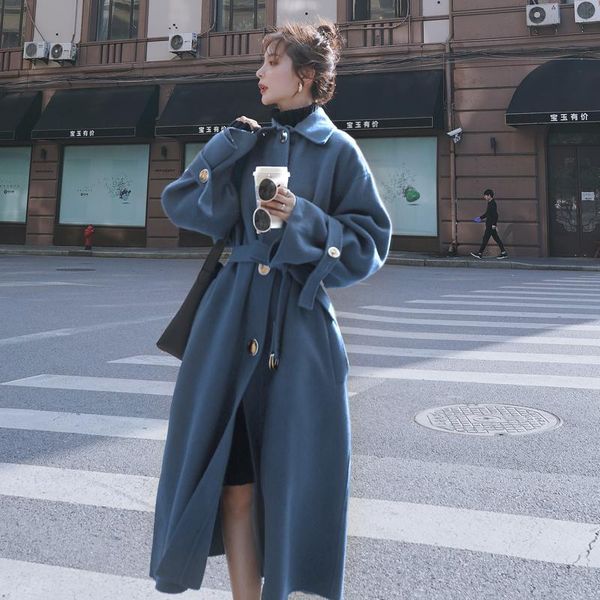 

2021 winter women's fashion thickening long over-the-knee woolen coat with belt female casual outerwear elegant overcoat, Black