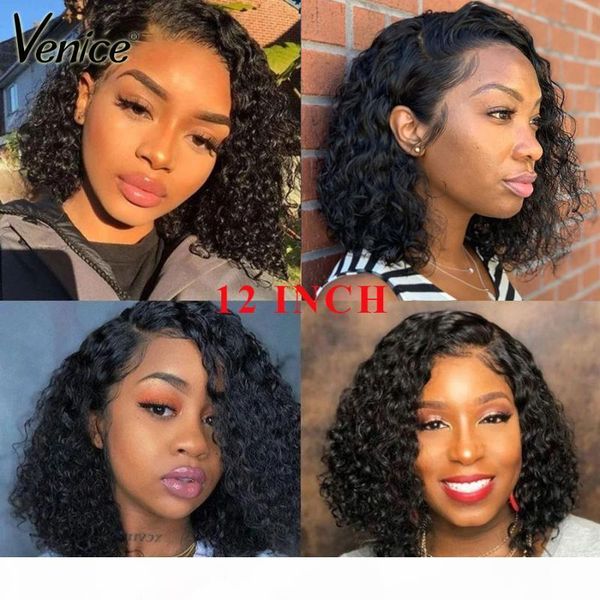 

venice hair 13x6 lace front human hair wig short bob lace frontal wig for black women full human curly remy, Black;brown