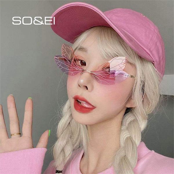 

sunglasses so&ei fashion unique dragonfly wing shape rimless women vintage clear ocean lens eyewear ins men sun glasses, White;black