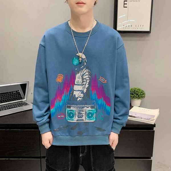 

hoodies sweater fleece men's round neck spring and autumn ins pullover long sleeve t-shirt astronaut loose fashion brand coat men, Black