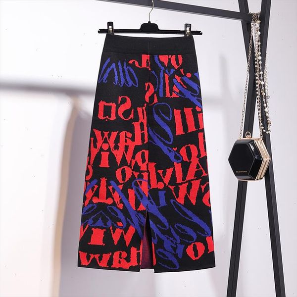 

womens autumn winter knitted skirts new color contrast letters graffiti high waist a line long hip faldas gd583, Black