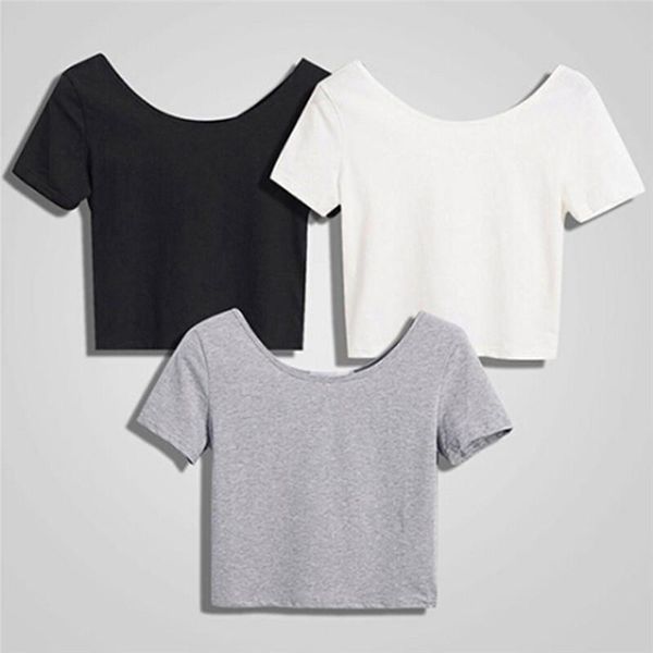 

summer crop elegant plain basic tshirts women short sleeves tees female casual round neck tee shirt femme, White