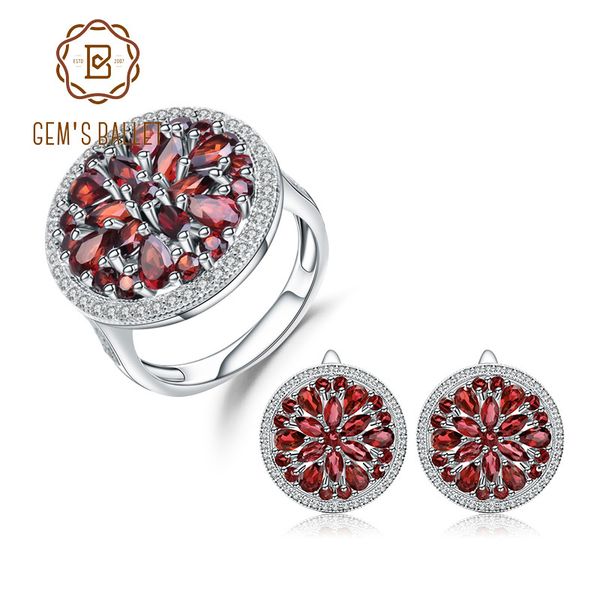 

gem's ballet 11.65ct natural red garnet gemstone earrings ring 925 sterling silver round jewelry set for women wedding q1218, Golden;white