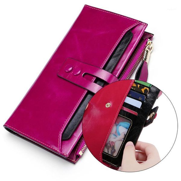 

wallets vintage wax leather large capacity coin purse ladies gift box card holder wallet long multifunctional1, Red;black