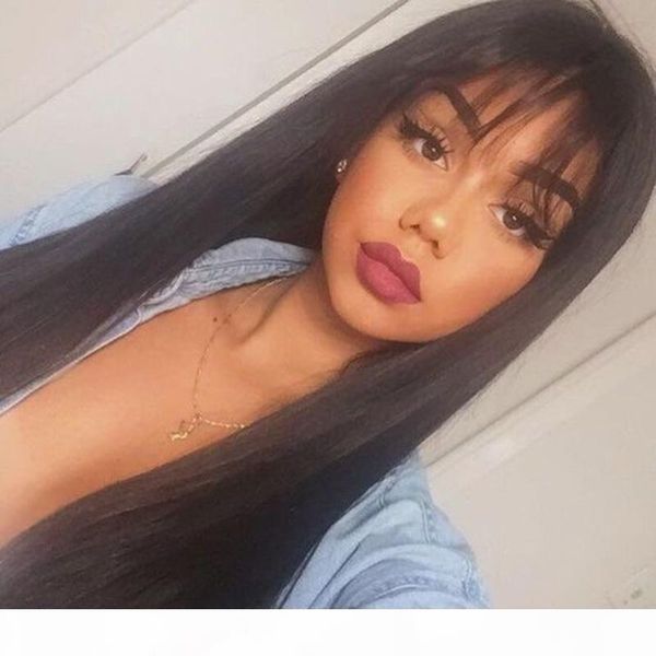 

human hair wig with fringe with baby hair virgin brazilian full wig with bangs glueless brazilian lace wigs fringe for black women, Black;brown