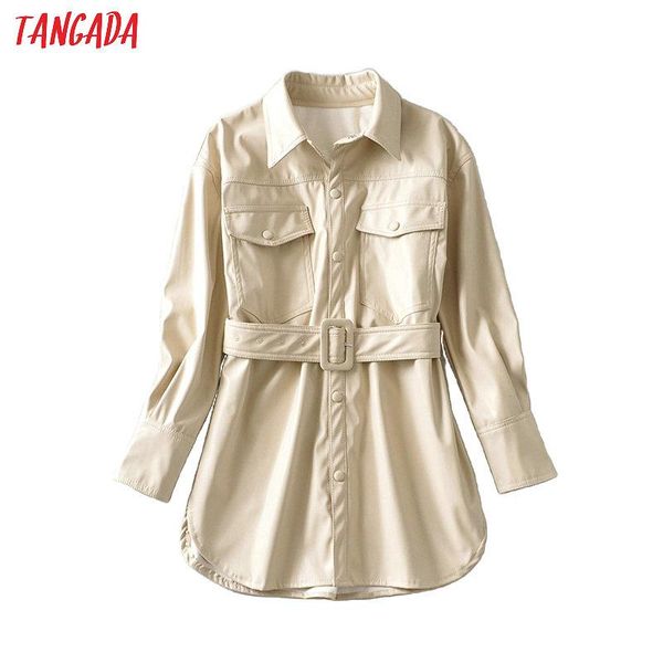 

tangada women beige faux leather jacket coat 2020 new turn down collar ladies long sleeve loose oversize coat 6a47, Black;brown