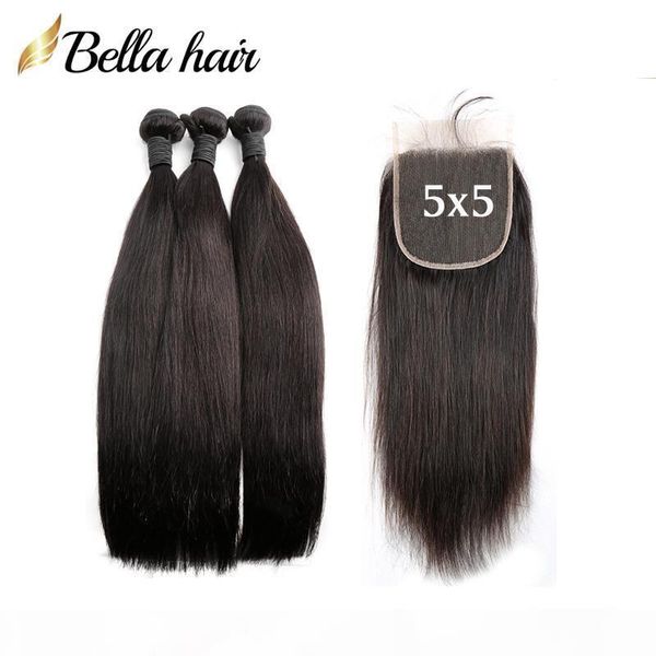

straight 3 hair bundles with 5*5 closure peruvian brazilian natural black virgin hair weaves with lace closure bella hair