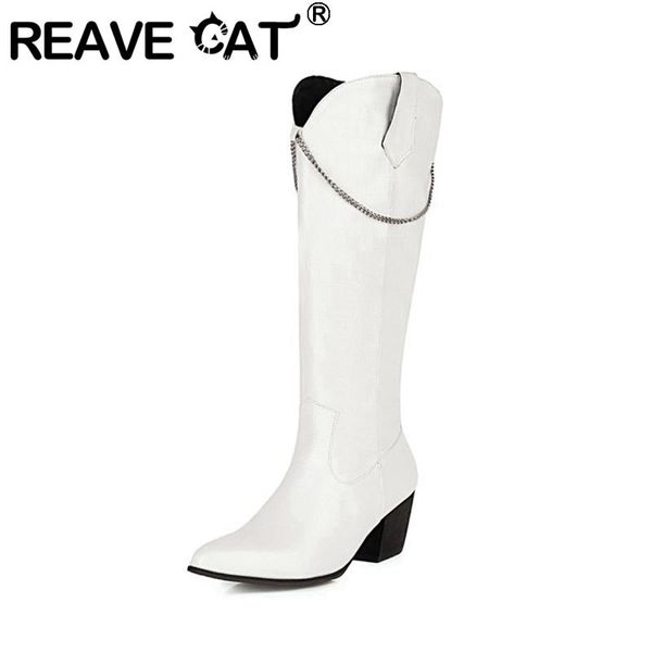 

orchalisa women knee boots 2021 pointed toe 5.5cm square heels zip chains short plush stylish big size 34-48 casual winter c2180, Black