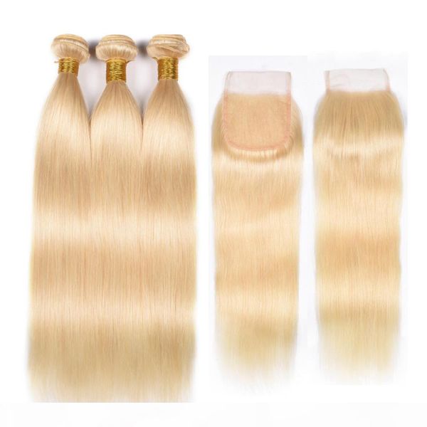 

613 blonde virgin hair with closure 9a unprocessed human hair straight platinum 3pcs blonde virgin hair bundles with lace closure, Black;brown