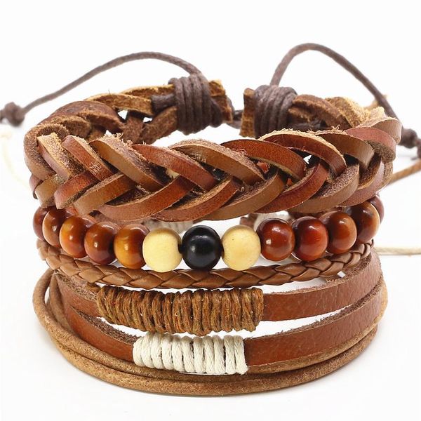 

new 4 pcs/set casual fashion beads handmade woven men leather bracelets bangles vintage male female jewelry acc qylxvd, Golden;silver