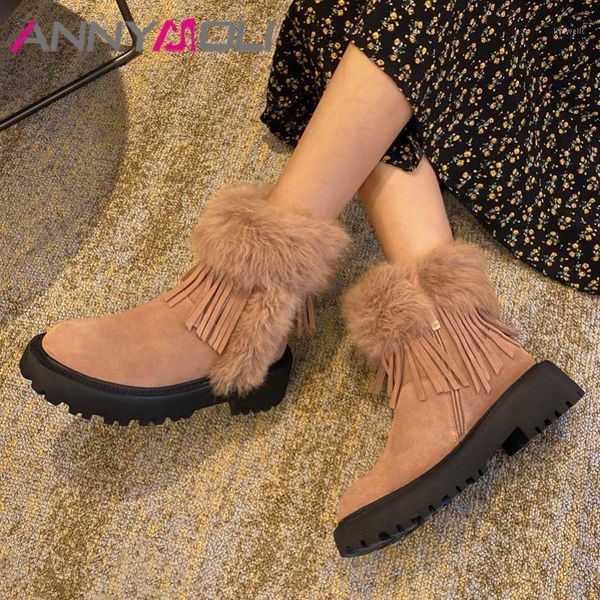 

boots annymoli real leather platform thick high heel ankle women snow shoes zip fringe fur short pink1, Black