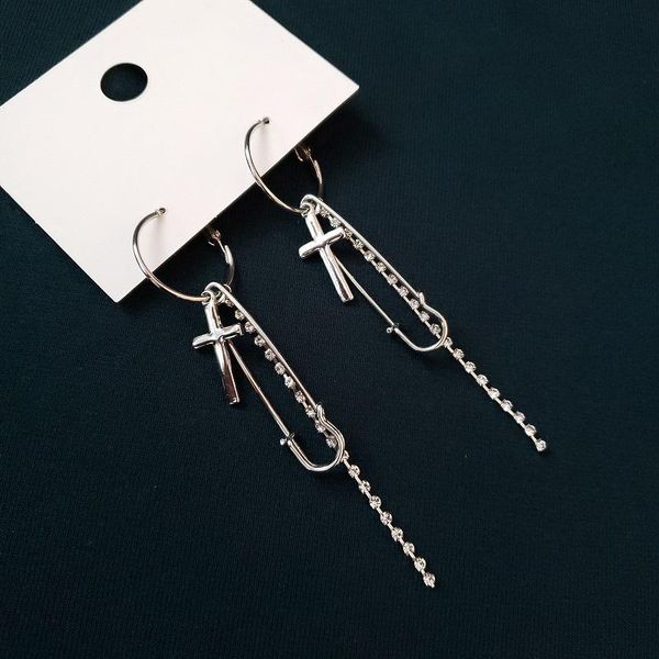

simple metal style earrings for women shiny crystal long chain tassel cross pin pendant fashion ear jewelry gifts wmtavb, Black;white