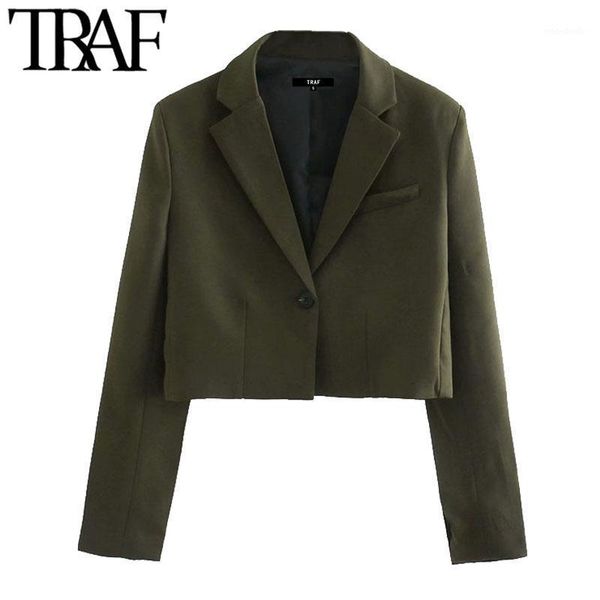 

traf women fashion single button cropped blazers coat vintage notched collar long sleeve female outerwear chic 1, White;black