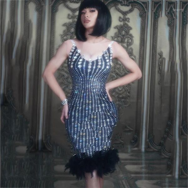 

new fashion sparkly rhinestones feather stretch nightclub dance dress evening celebrate party costume prom birthday wear dt5481, Black;red