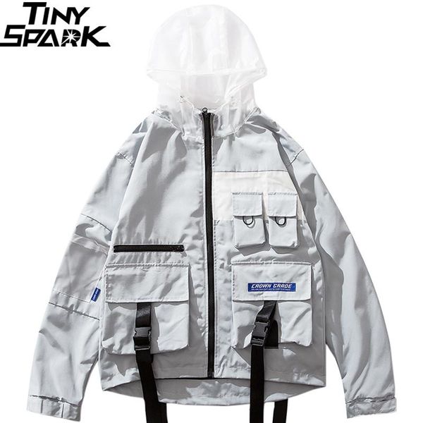 

men jacket windbreaker hip hop streetwear harajuku hood jacket buckle ribbon multi pocket 2020 autumn zipper track hoodie, Black;brown