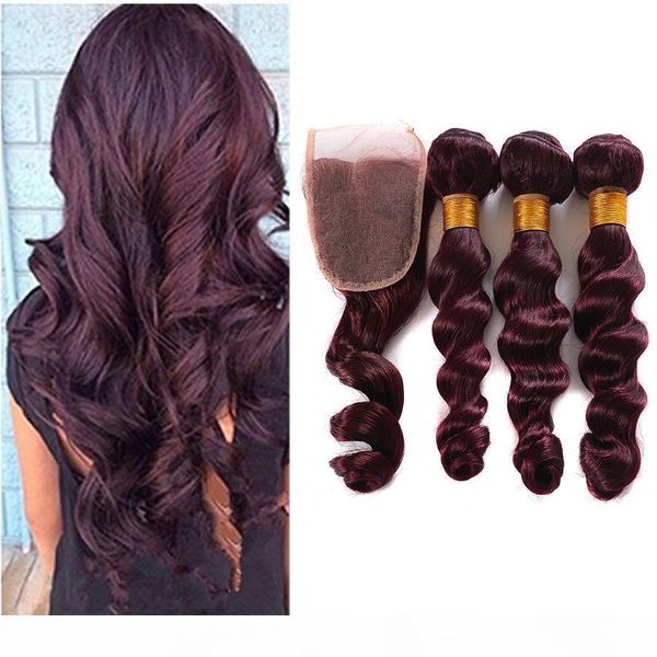 

9a 99j burgundy loose wave hair bundles with lace frontal closure two tone wine red virgin hair weaves with 4*4 closure, Black;brown