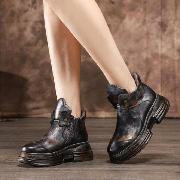 

boots spring autumn winter retro casual women genuine leather rivet ankle lady thick sole sewing platform short 191007, Black