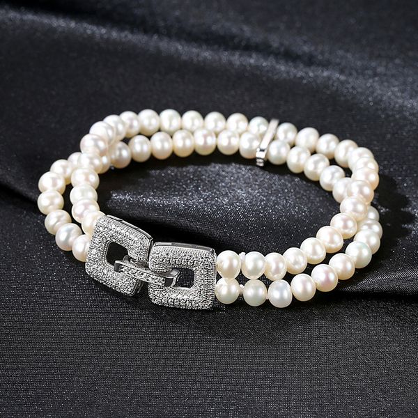

designer new ladies bracelet double row freshwater pearl bracelet s925 sterling silver luxury jewelry female bracelet women jewelry, Black