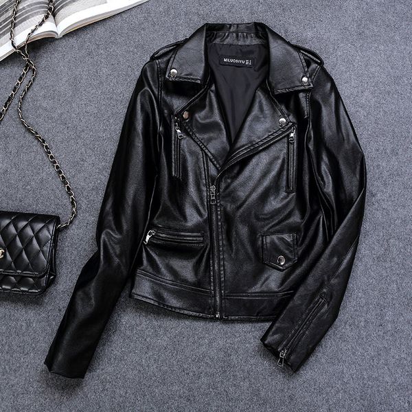 

2021 spring new fall women the female soft outwear casual engine of plutonium bicycle black leather jacket wkxq