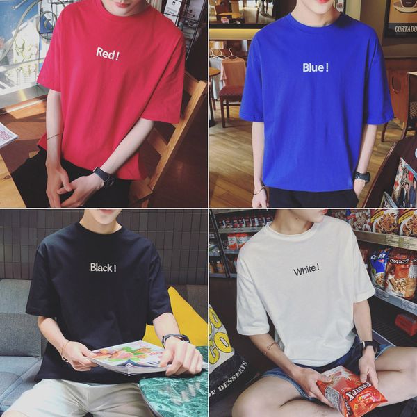 

aberdeen literature and art summer thin short sleeve t-shirt men's fashion versatile loose letter printed bottom coat trend, White;black