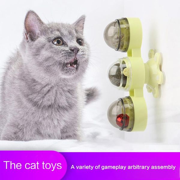 

interactive play game catnip ball teasing funny kitten relieve anxiety suction cup with light bells turntable windmill cat toy