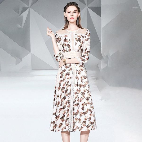 

europe runway summer long midi dress women o-neck three quarter sleeve printed lace dress patchwork high waist plus size a9171, Black;gray
