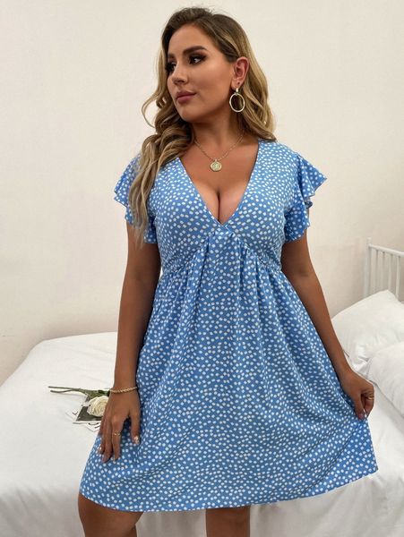 

plus ditsy floral plunging neck dress m5gz#, Black