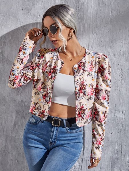 

floral print gigot sleeve open front jacket z9vd#, Black;brown
