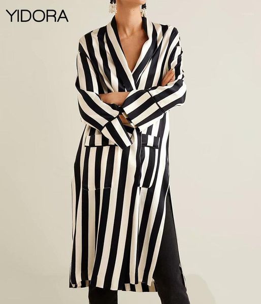 

f/w 2020 new women contrast striped robe trench coat with front pockets & back slits detail - lady long kimono trench outerwear1, Tan;black