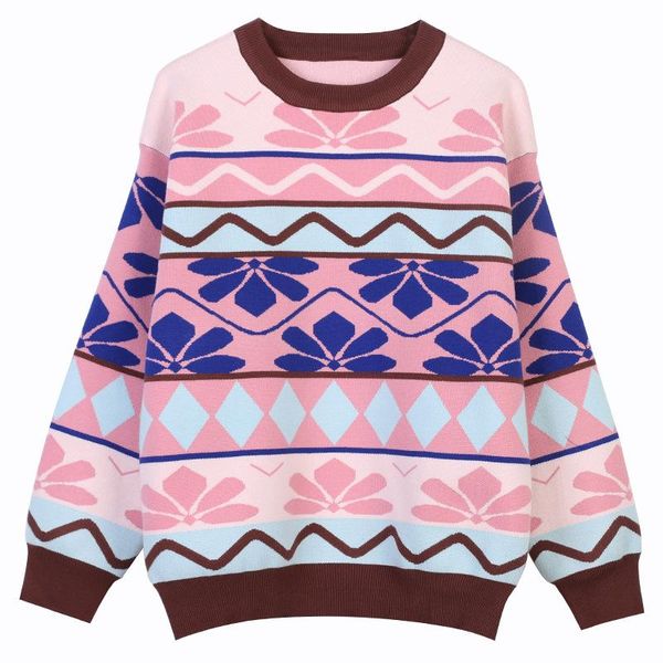 

sweet women winter pullover christmas tide 2020 fashion sleeve long o-neck stripe embroidery thick loose knit clothes, White;black