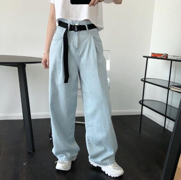 

high street retro light-colored high-waisted wide-leg jeans straight-leg loose-fitting thin linen daddy pants women, Blue