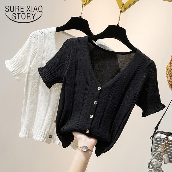 

women's blouses & shirts 2021 spring and summer korean solid color button short sleeve cardigan knitted plus size 4xl women blouse 983, White