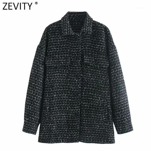 

zevity women vintage plaid casual black woolen shirt coat female chic long sleeve outwear jacket streetwear pockets ct6271