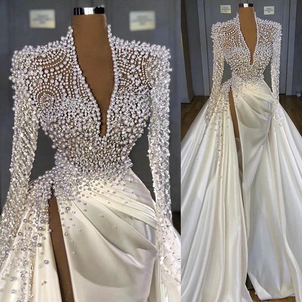 

major pearls overskirts mermaid wedding dresses beads side split deep v neck satin long bridal dress luxury african vestidos de novia, White