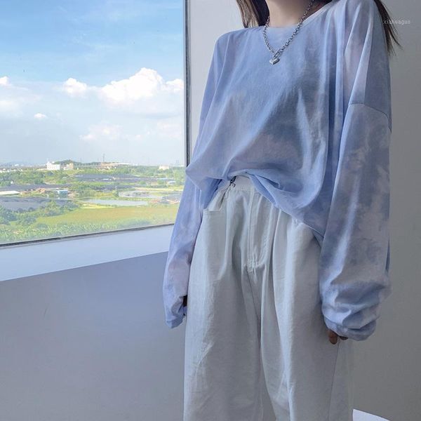 

tie-dye fashionable t-shirt loose crew neck outer wear versatile western style 2020 autumn korean-style base shirt pullover1, White