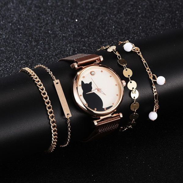 

luxury 5pcs set watches for women fashion magnet cat pattern watch women quartz wristwatch ladies bracelet watch dropshipping, Silver