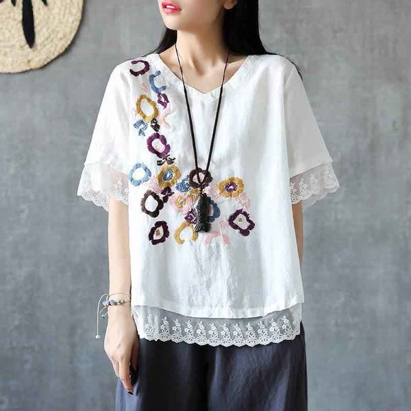 

2021 new women summer blouse shirt female clothing short sleeve blusas women's casual blouses embroidery floral o-neck regular 4ok3, White