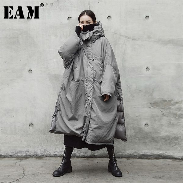 

[eam] hooded cotton-padded gray oversize long warm coat long sleeve loose fit women parkas fashion spring autumn je02002 201217, Black