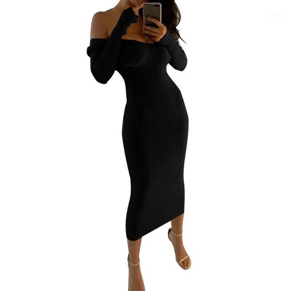 

new autumn knitted sweater bodycon dress women stretchy long sleeve off shoulder black white knit winter midi dresses1, Black;gray