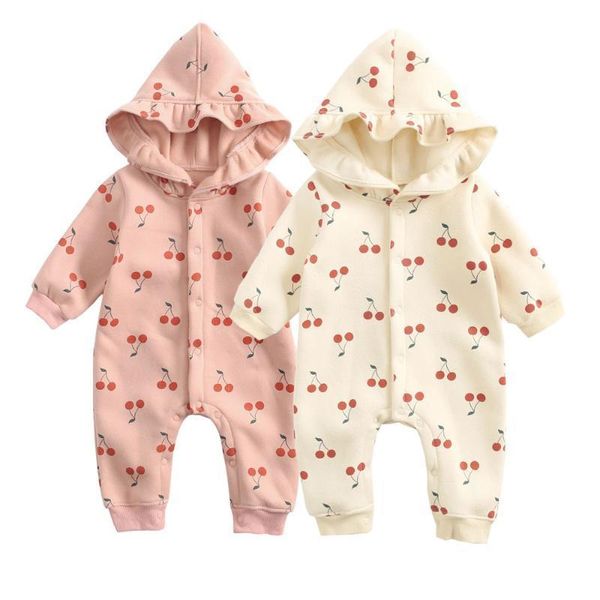 Girls Boys Rompers Felpa di cotone ciliegia stampato una tuta di frutta unisex petalo abbigliamento con cappuccio con cappuccio con cappuccio inverno inverno tutu abito